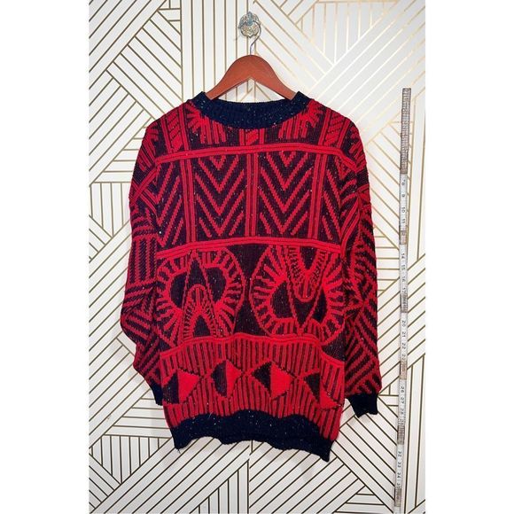 Vintage Men's Knit Geometric Pullover Round Neck Sweater Red Black Jacket Dad - Picture 1 of 5